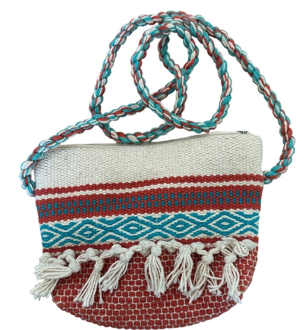 Boho Blanket Fringe Crossbody Bag 8x6x0 Zip Top Festival Vegan Western